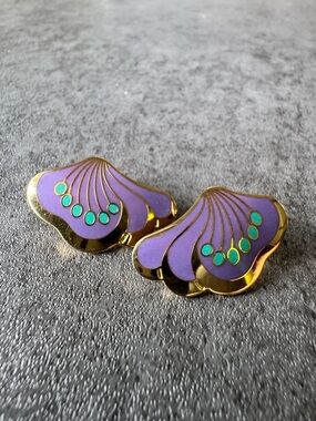 Laurel Burch “Le Fleur” Purple and Gold Enamel Flower Earrings with Teal Accents